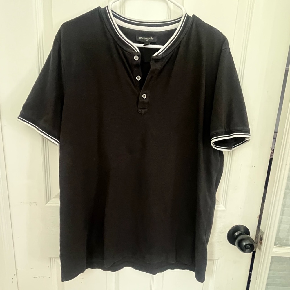Banana Republic Black Henley Tipped Band Collar Pique Cotton Shirt Large